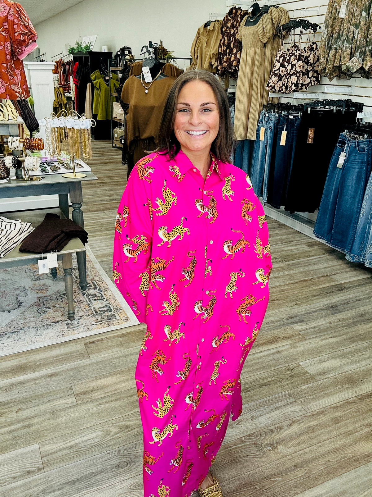 Wild at Heart Dress  - Hot Pink Mid Sleeve Button Down Dress