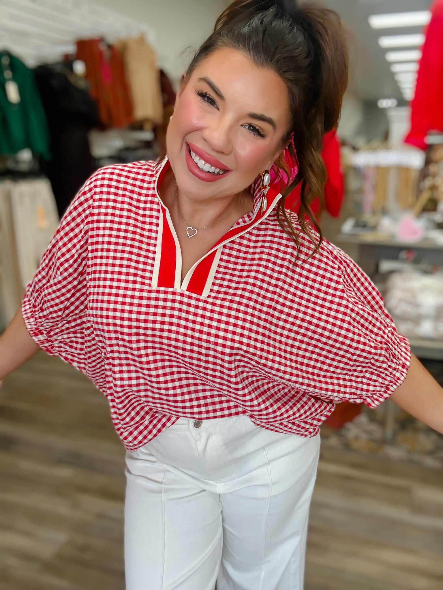 The Willow Gingham Top - Red V Neck Puff Sleeve - Entro