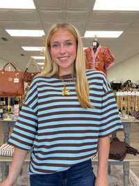 The Bella Striped Top - Blue/Brown Striped Soft Material