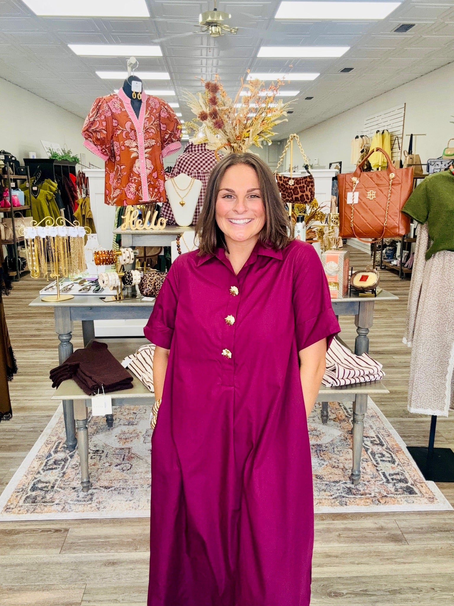 The Betty Wine Dress - Gold Button Accents Long Dress Collar Detail