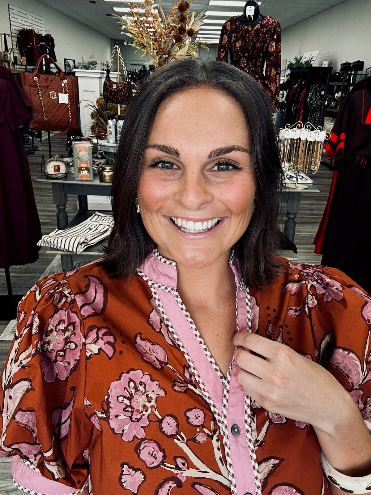 Rosewood Bloom Puff Sleeve Floral Contrast Blouse