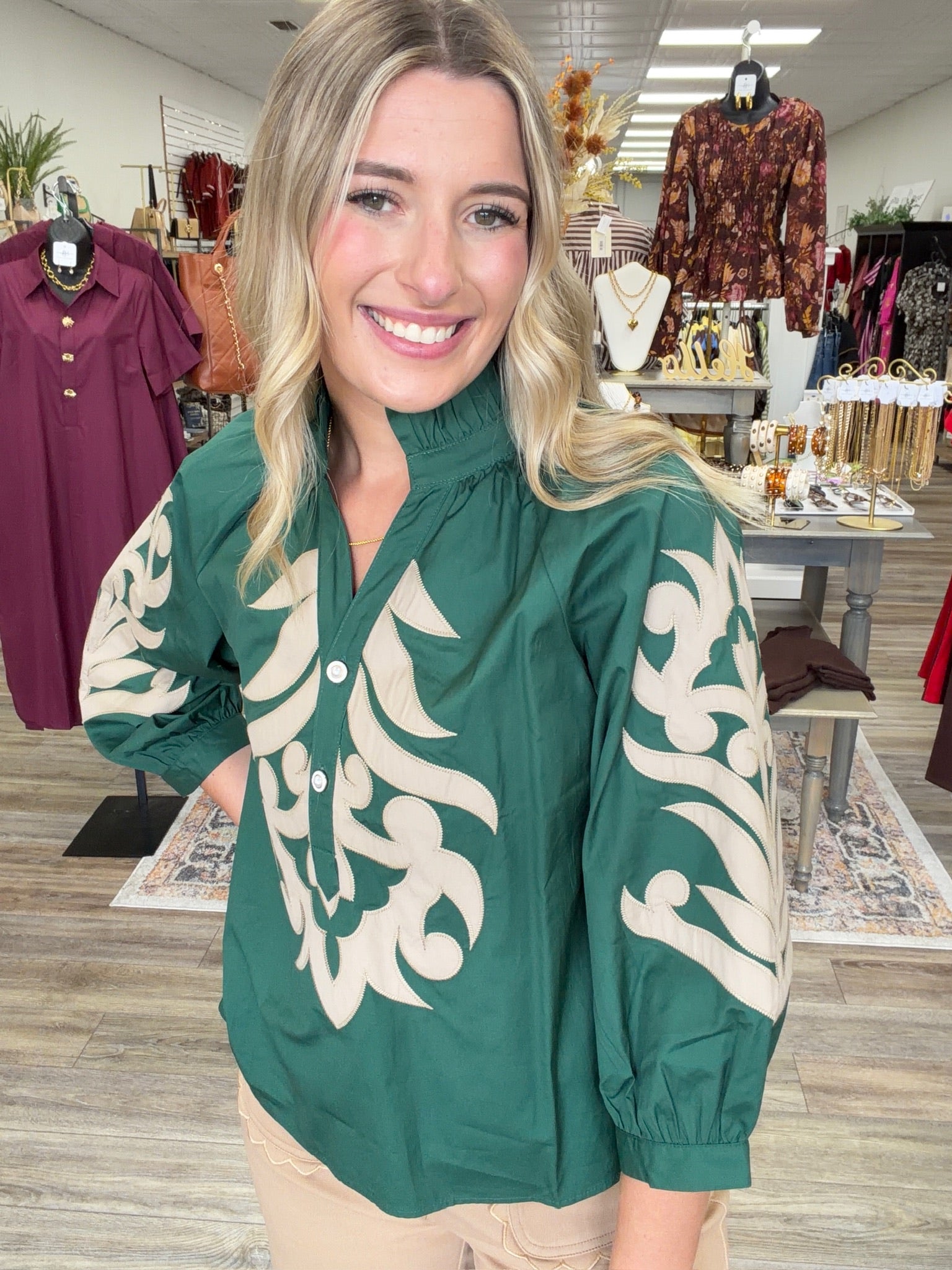 Emerald Heirloom Appliqué Ruffle Blouse