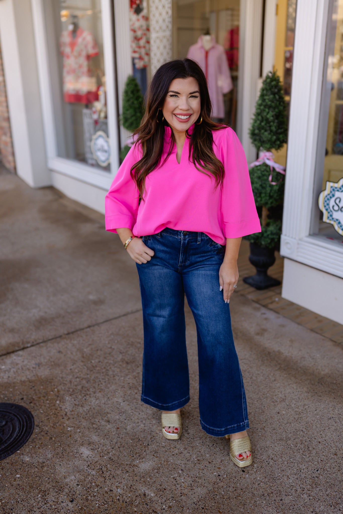The Ellison Top - Hot Pink V Neck Flutter Collar