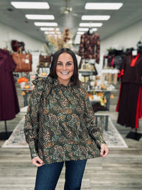 Olive After Hours Blouse- Fall Floral print, ruffle tie neckline long sleeve blouse