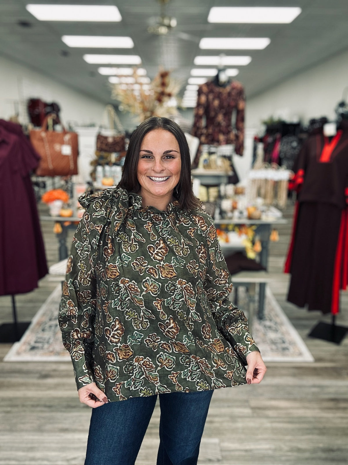 Olive After Hours Blouse- Fall Floral print, ruffle tie neckline long sleeve blouse