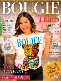 The Boujee T shirt - Cream graphic tee with bold blue lettering leopard graphic with turquoise-inspired jewelry detail -