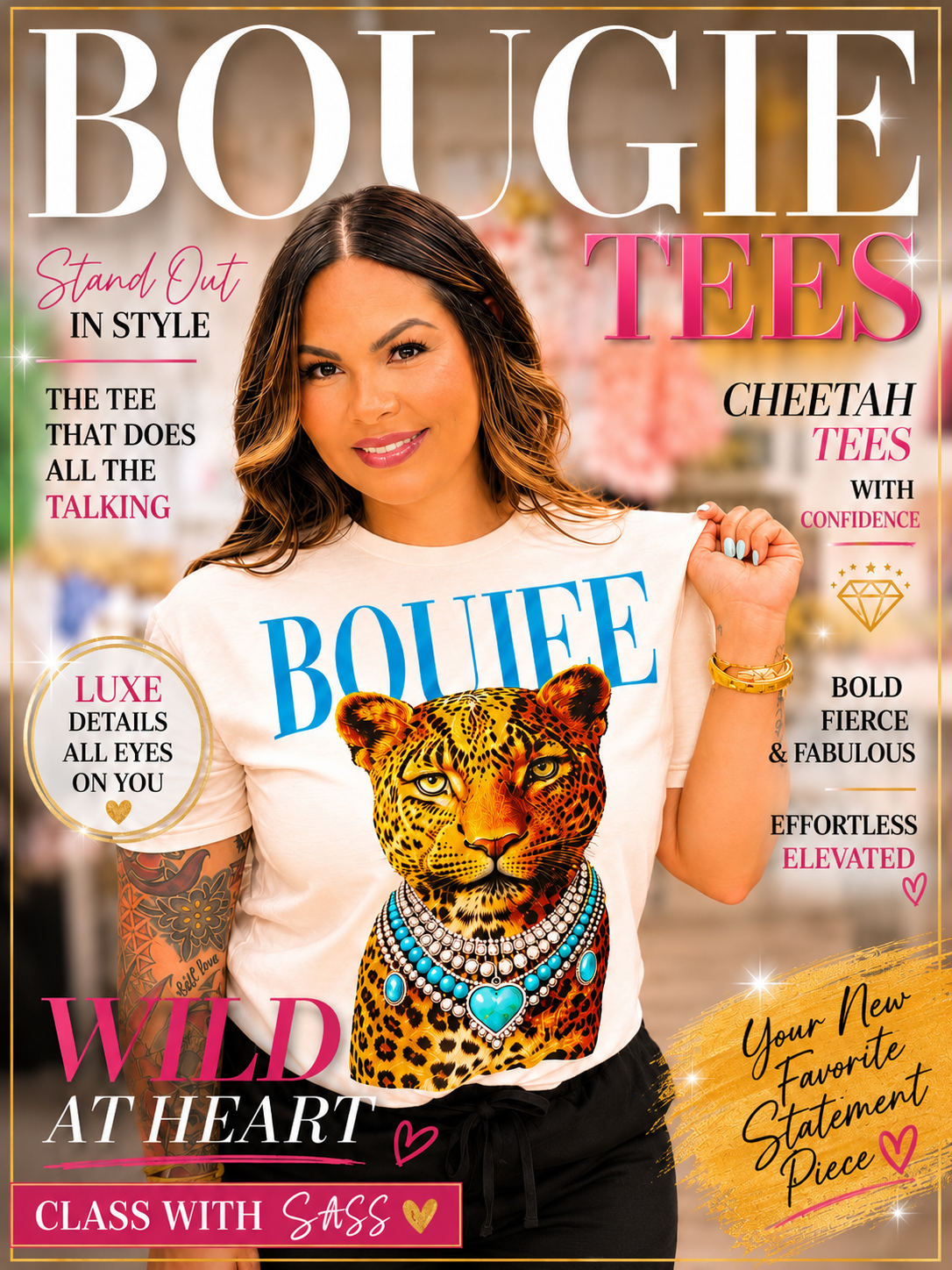 The Boujee T shirt - Cream graphic tee with bold blue lettering leopard graphic with turquoise-inspired jewelry detail -