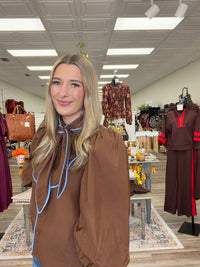 Saddle blue top - brown blouse with blue detailing, features neck tie scarf and cuffed sleeves