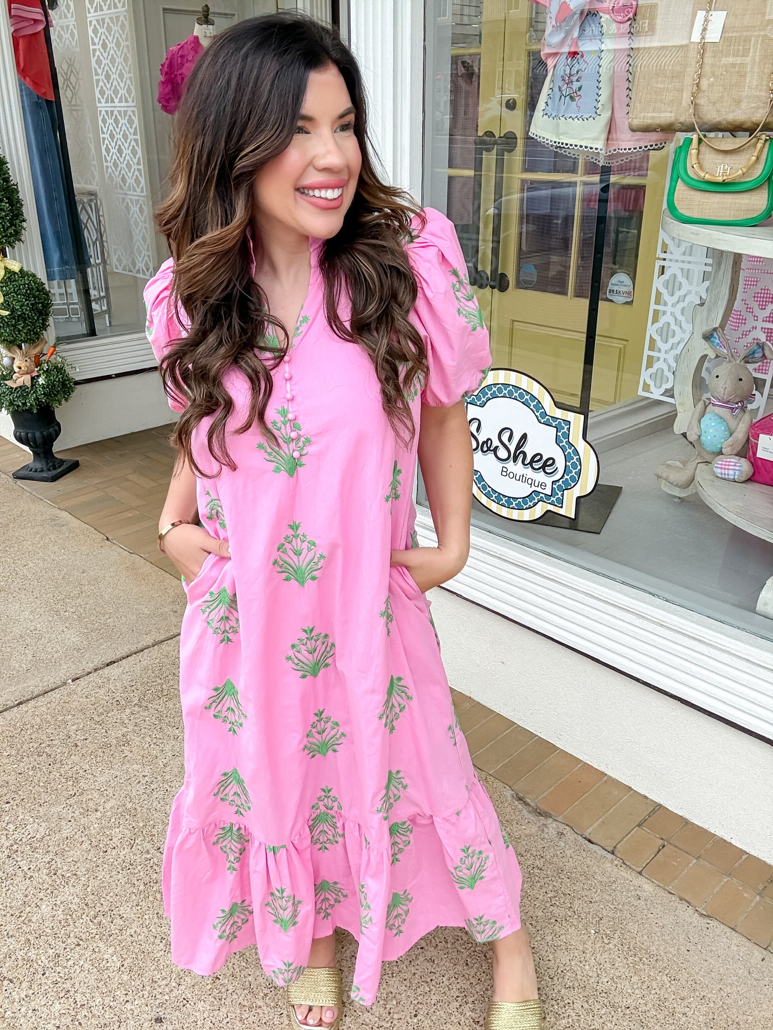 The Janis Dress - puff sleeves long button down pink dress with green floral design - Entro