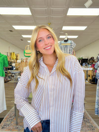Latte stripe button-up - White oversized button-up shirt with tan pinstripes and statement cuffs.