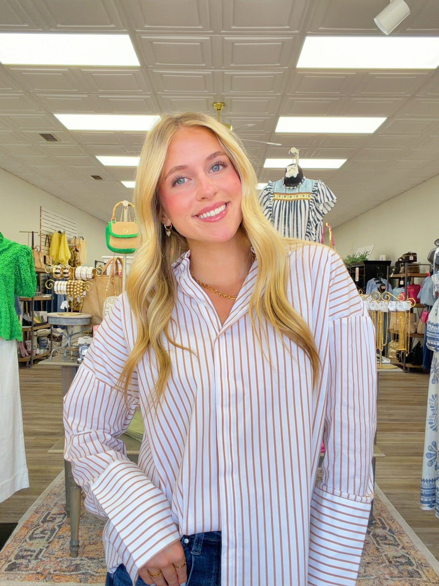 Latte stripe button-up - White oversized button-up shirt with tan pinstripes and statement cuffs.