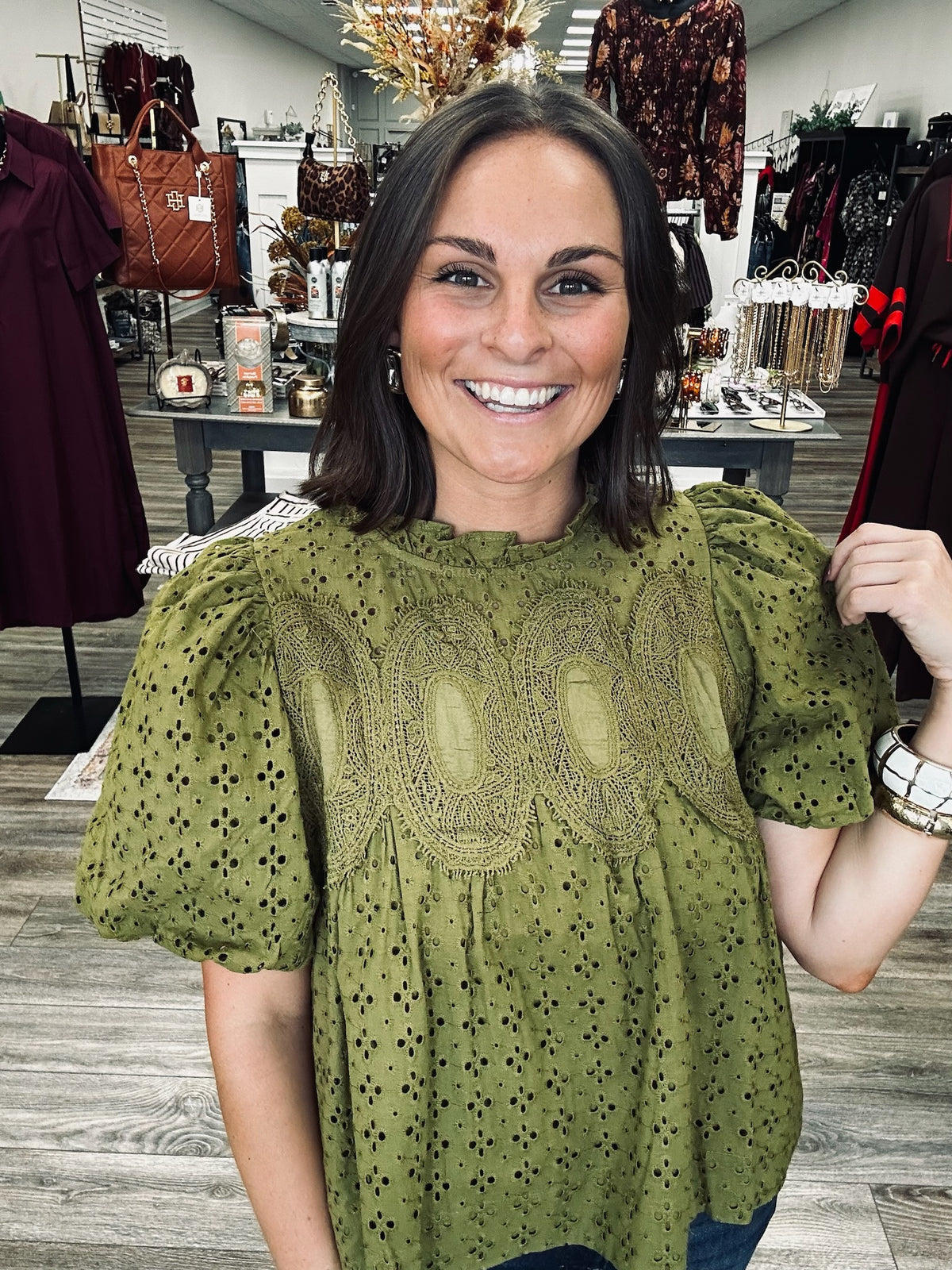 The Olivia olive top - puff sleeve, eyelet detailing
