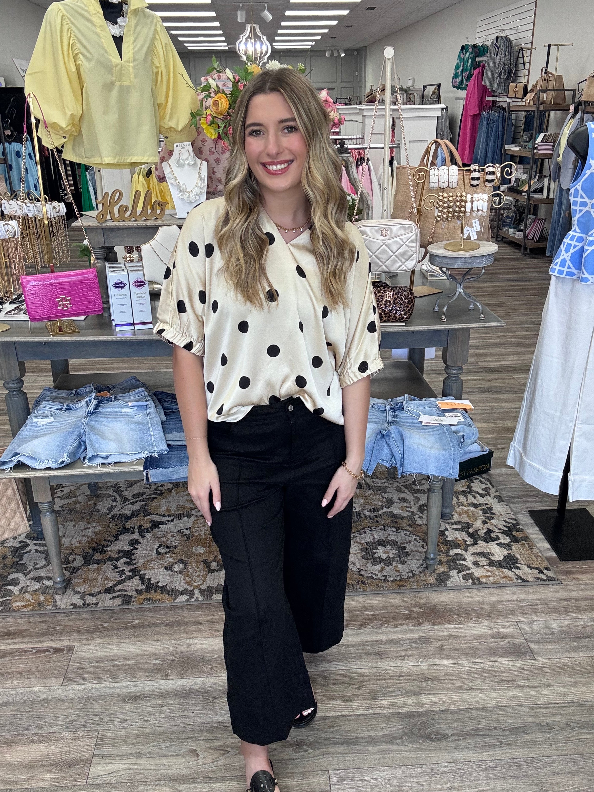 The Nikki Top - collared V neck with polka dots - Jodifl