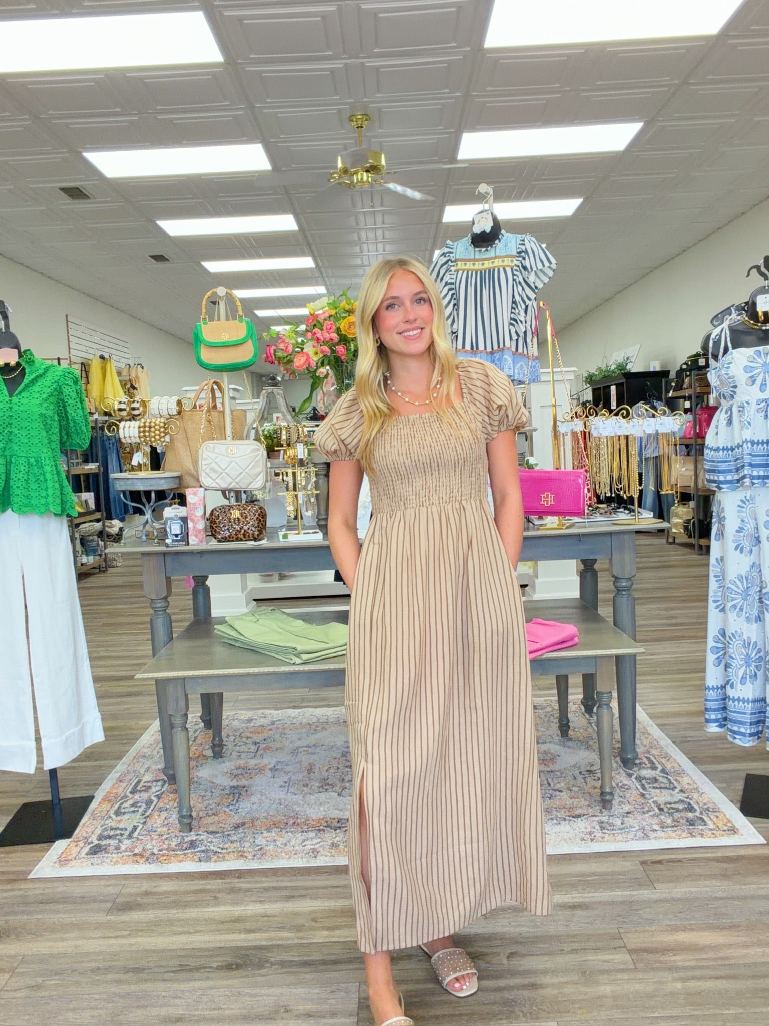 Prairie Charm Smocked Dress - cream dress featuring soft tan vertical stripes, a smocked bodice, puff sleeves, and a flowy silhouette