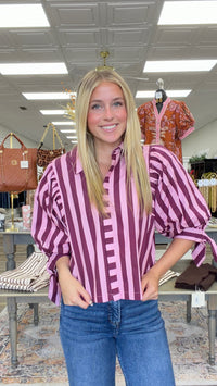 The Lisa Top - Striped Button Down Collar With Tie Sleeve