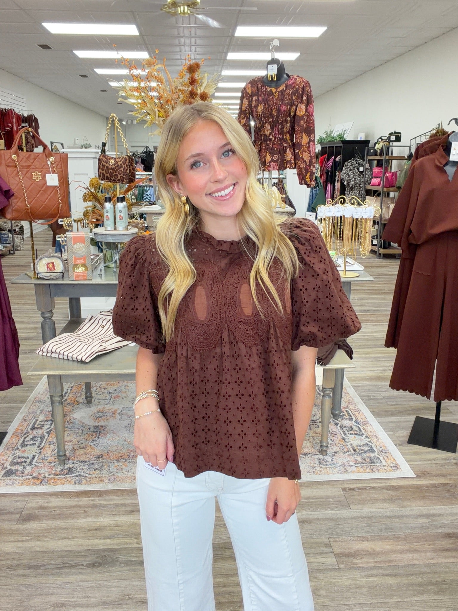 Sweet as Cocoa Blouse - Rich chocolate brown eyelet top featuring intricate crochet detailing, dramatic puff sleeves, and a feminine ruffled neckline.