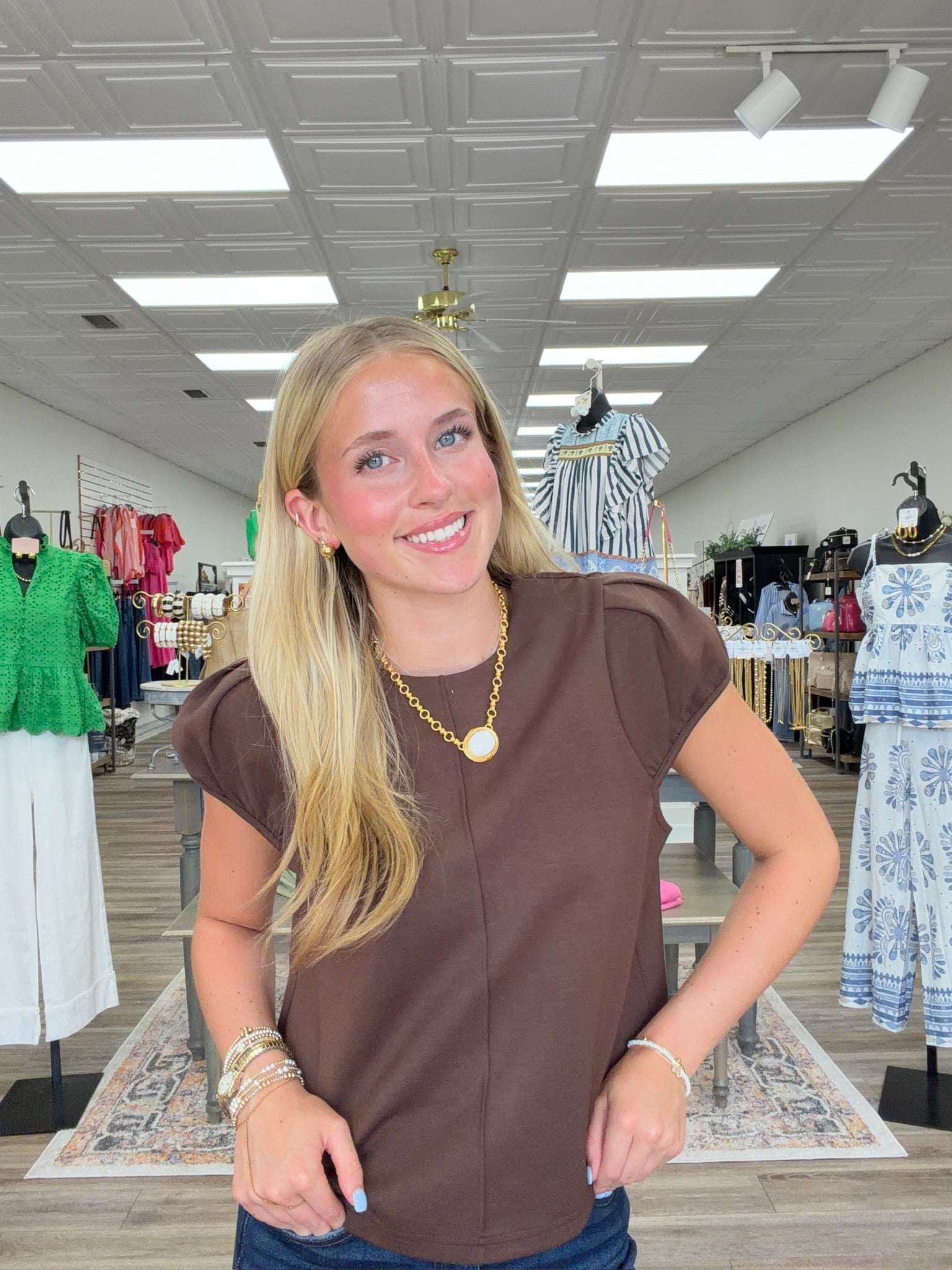 Classic pearl puff top - A soft espresso knit top featuring a flattering square neckline, puff sleeves