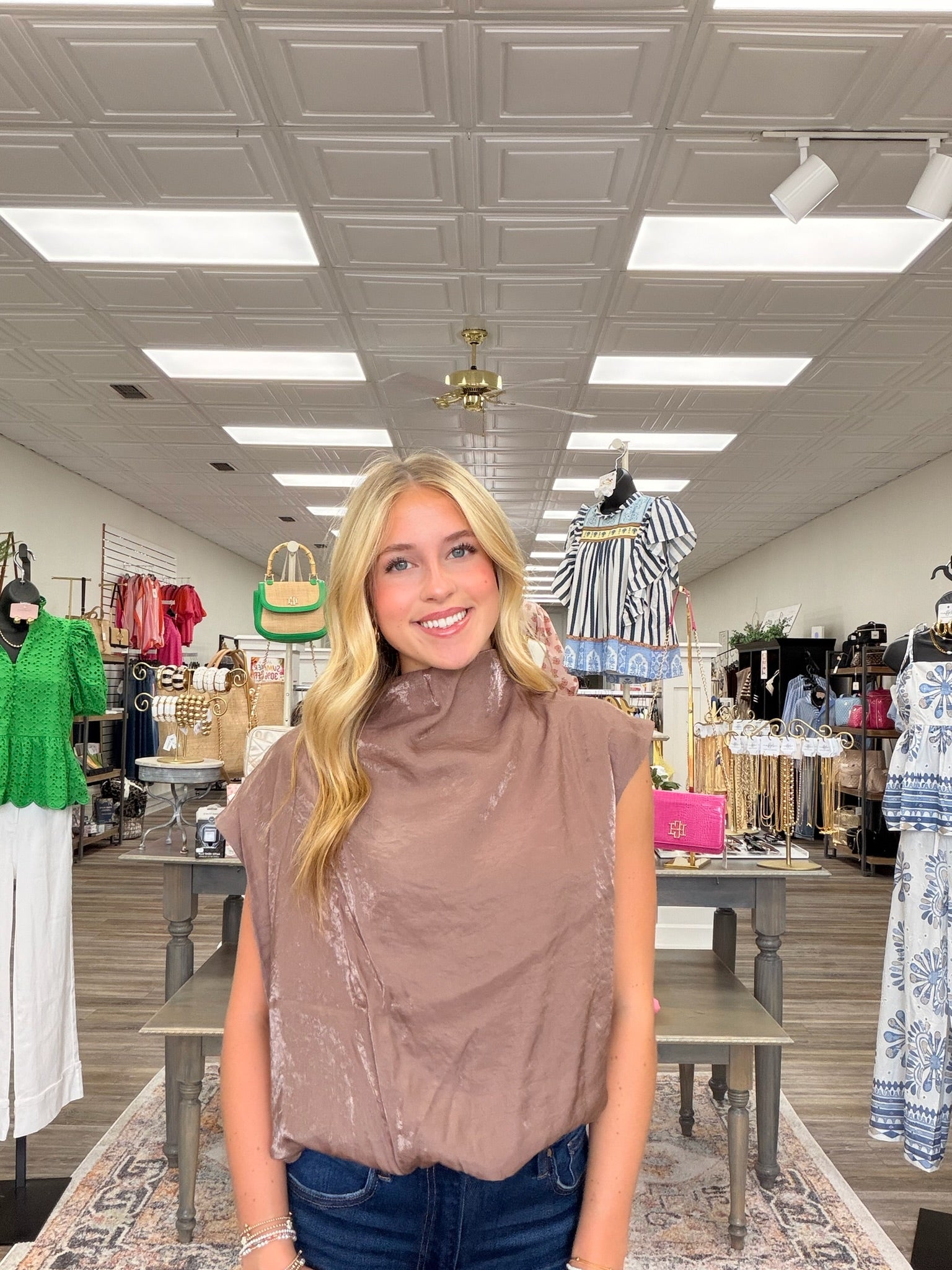 The Nova top - taupe top with a soft metallic sheen, featuring a high neckline, cap sleeves