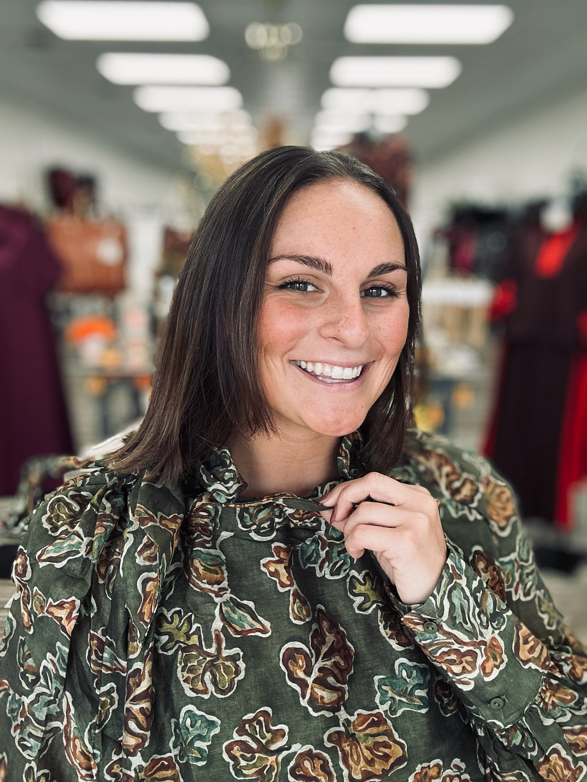 Olive After Hours Blouse- Fall Floral print, ruffle tie neckline long sleeve blouse