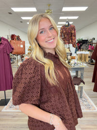Sweet as Cocoa Blouse - Rich chocolate brown eyelet top featuring intricate crochet detailing, dramatic puff sleeves, and a feminine ruffled neckline.