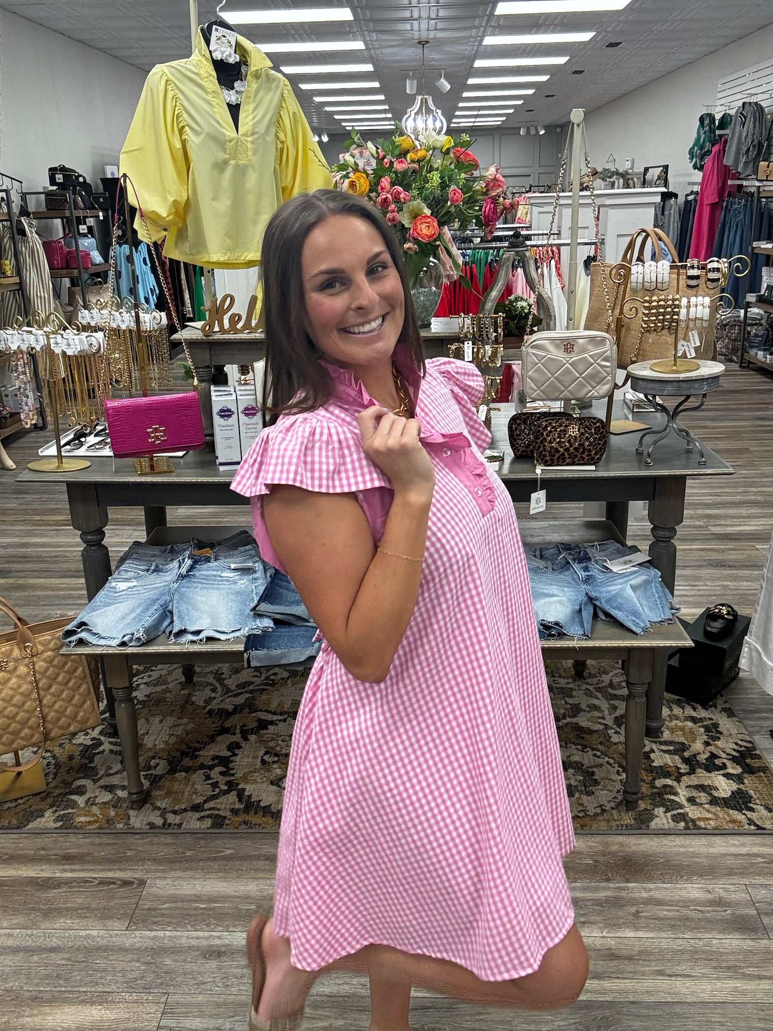 The Jami dress - pink and white gingham print ad ruffle sleeves - Entro