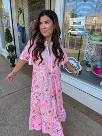 The Talulah Pink Blossom
Dress - Pink Floral Sequin with Puff Sleeve Flowy Dress - BuddyLove
