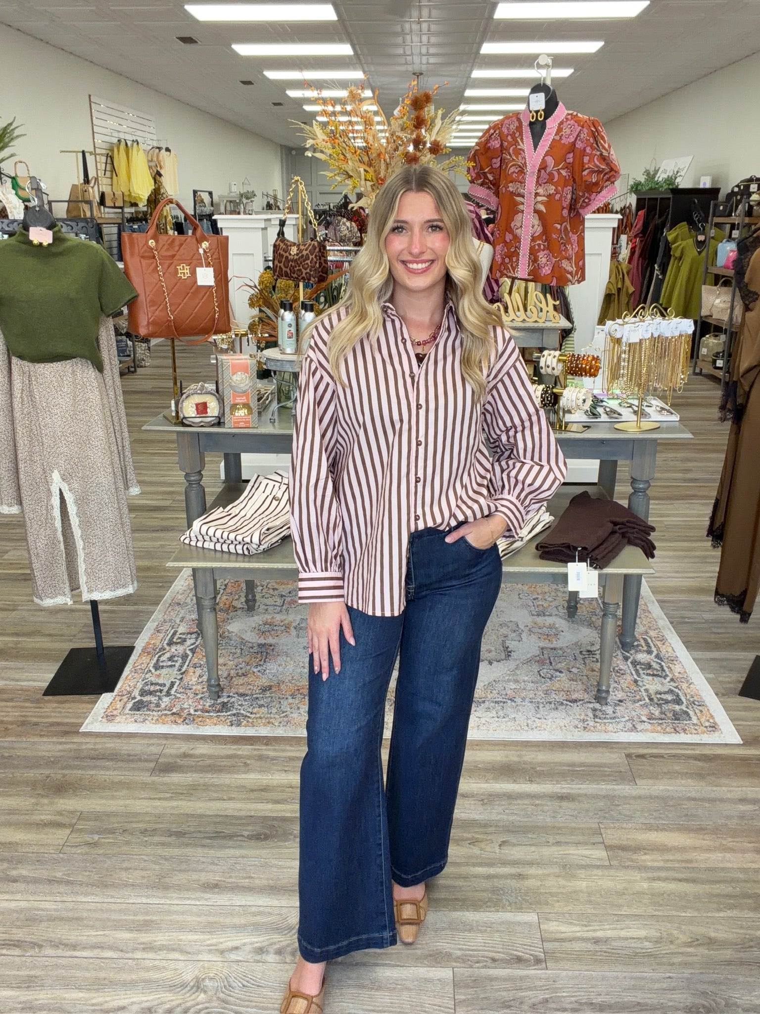 The Clara Striped Top - Button Down Pink/Brown Collar Detail