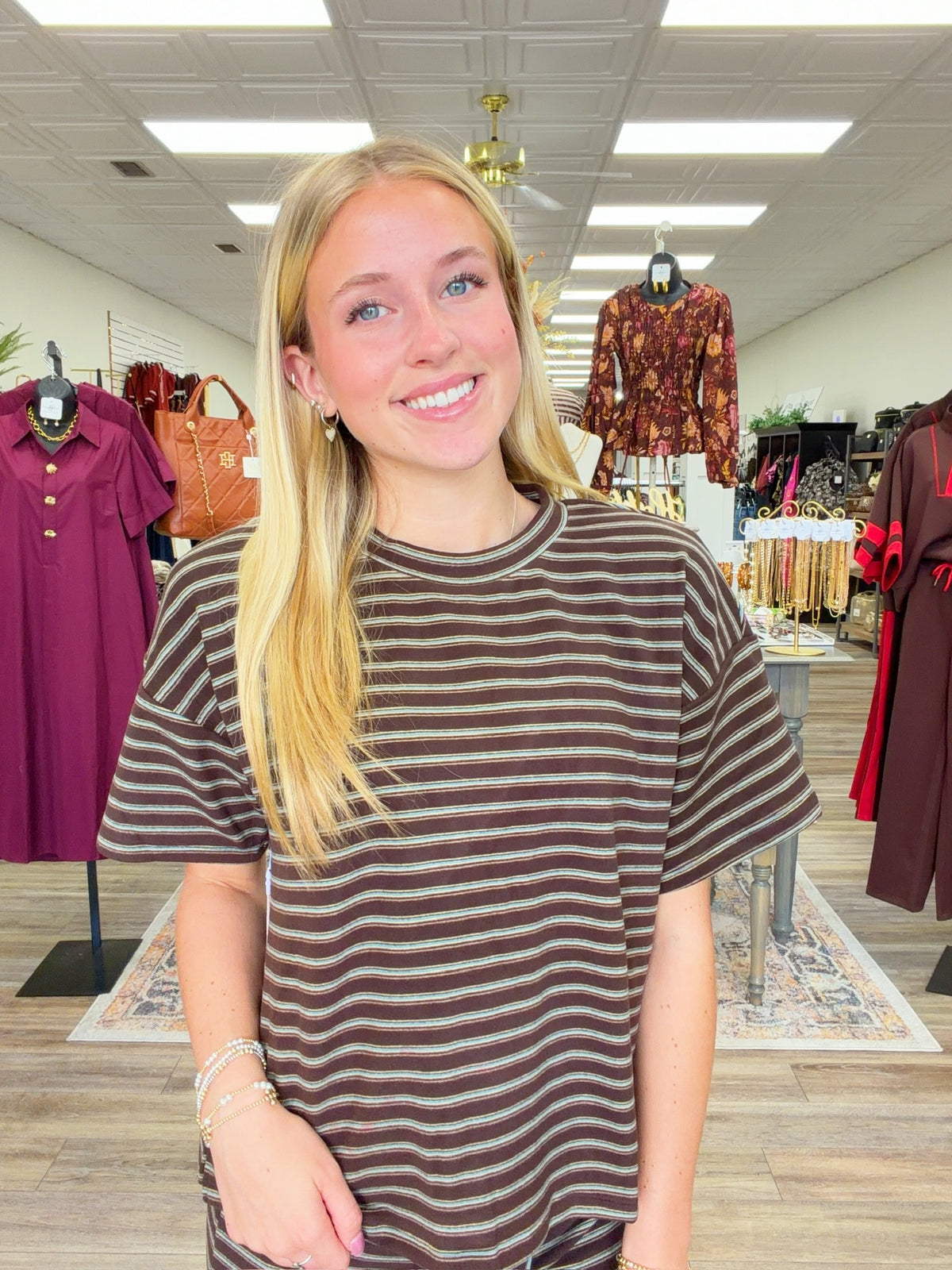 Cocoa Coast Brown Striped Top & Wide Leg Pants Set