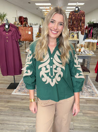 Emerald Heirloom Appliqué Ruffle Blouse