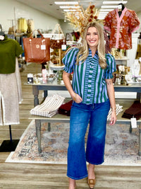 The Donna Striped Top - V Neck Puff Sleeve Ruffle Neck Line