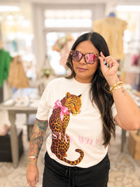 The Stay Wild T shirt - Cream graphic tee with pink print and leopard animal graphic -