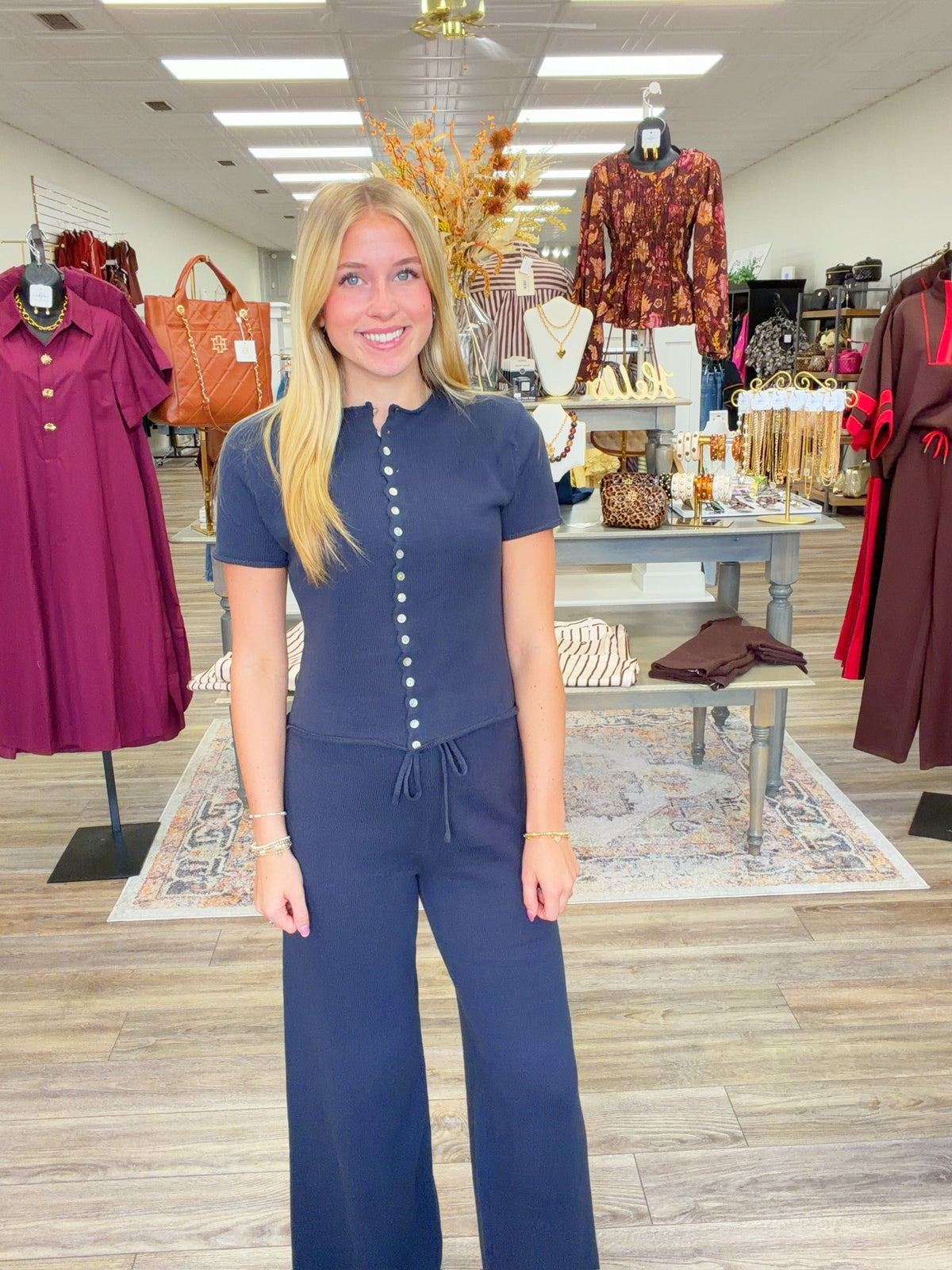Easy Going Navy Button Front Top & Wide Leg Pants set