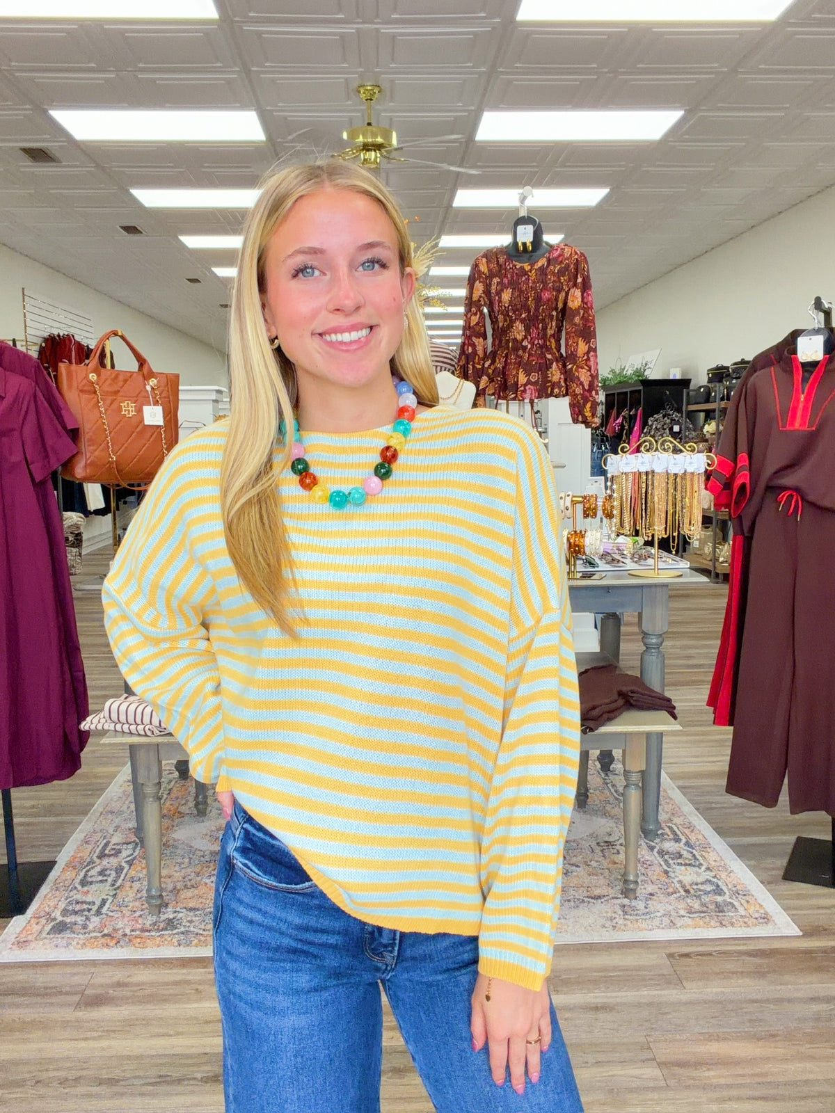 Meet me in stripes sweater - Cozy tangerine and blue striped knit sweater featuring a relaxed fit, classic round neckline