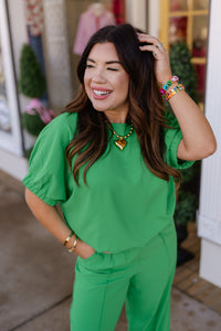 The Avery Set - Green Round Neck Bubble Top Long Pant