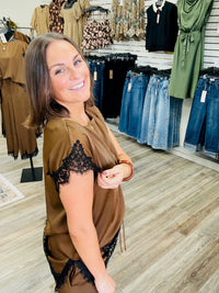 The Virginia Pant Set - satin lace top and pants stretch mocha set