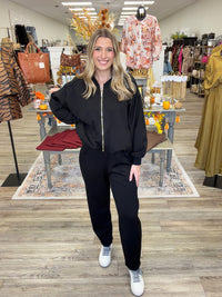The Betty Black Set - Butter Soft Black Jacket With Bubble Sleeve Detailing & Barrel Leg Pants
