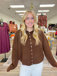 The Miranda cardigan- chocolate brown button down long sleeve soft - ee:some