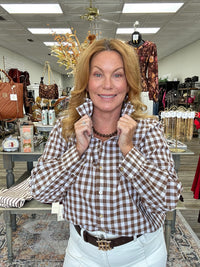 Brown Gingham Statement Collar Blouse