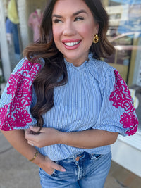 The Bella Top - Embroidered Puff Sleeve Striped Top - THML