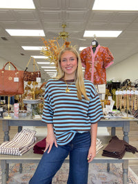The Bella Striped Top - Blue/Brown Striped Soft Material