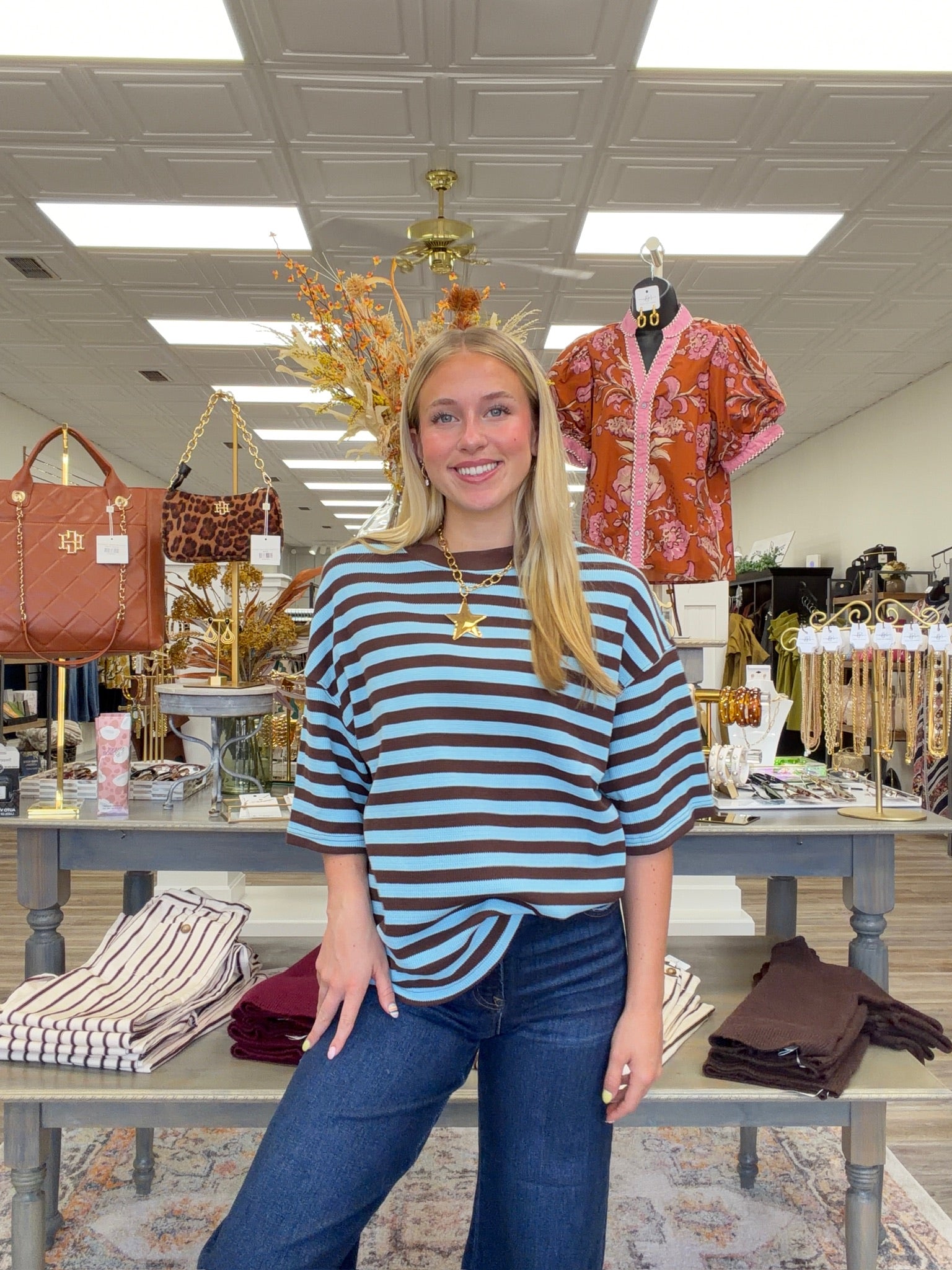 The Bella Striped Top - Blue/Brown Striped Soft Material