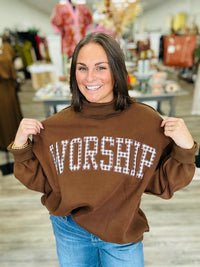 The “Worship” Mock neck Sweatshirt - Gigham Embroidered Brown Soft Material