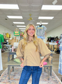 Timeless Elegance Scalloped Blouse – Puff Sleeve Button Front Top