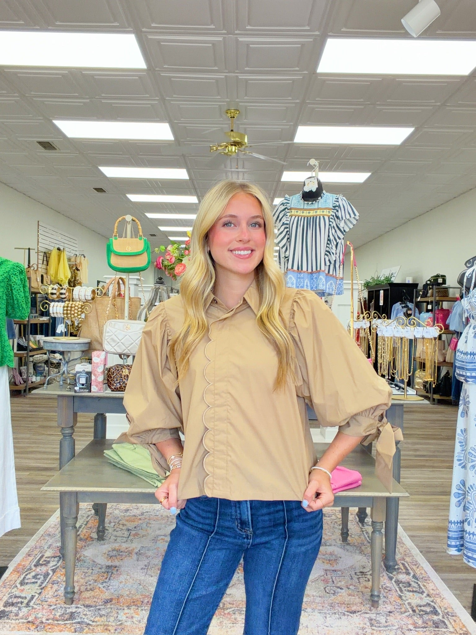 Timeless Elegance Scalloped Blouse – Puff Sleeve Button Front Top