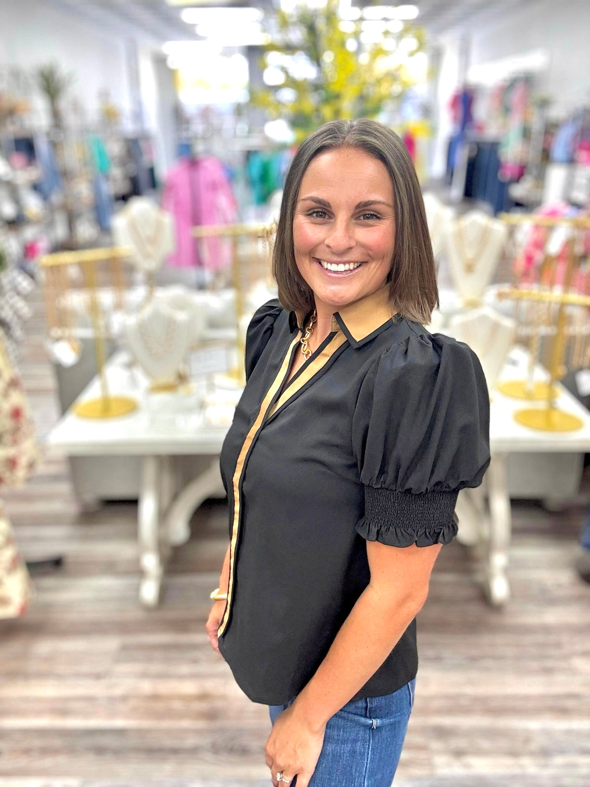 Sadie Black Top - Brown Collar Button Down Detail With Puff Sleeve V Neckline Featuring a Relaxing Fit