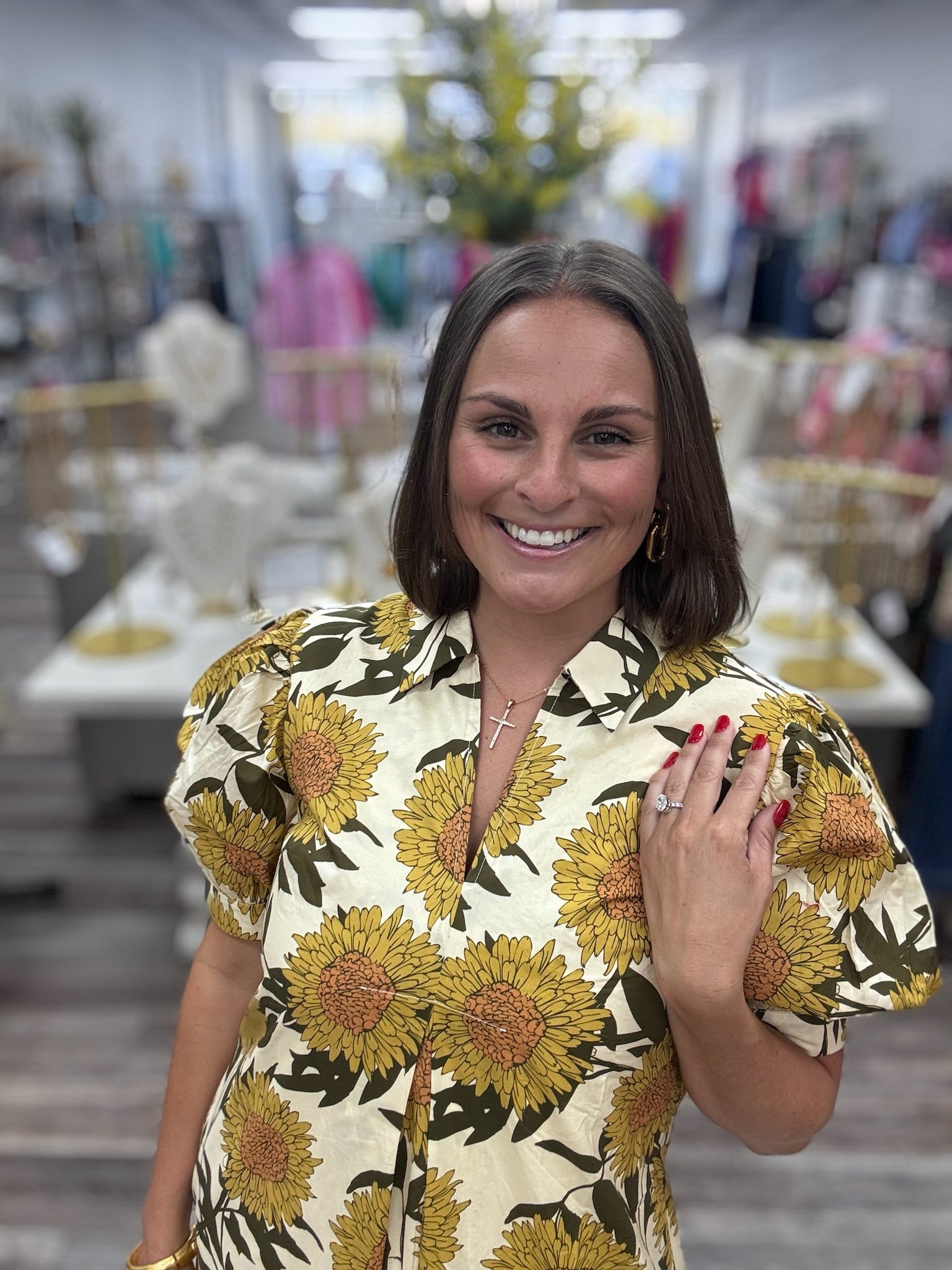Golden Sunflower Stroll Pocket Midi Dress