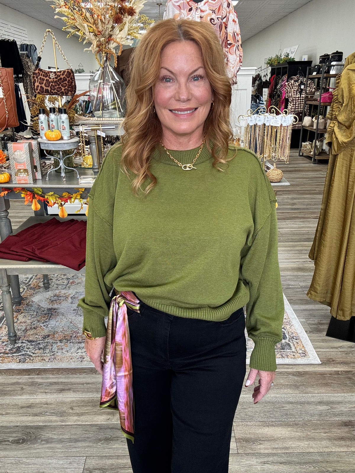 The Morgan sweater - Olive knit sweater, exposed seam detailing, dropped shoulders, and ribbed trim at the neckline, cuffs, and hem