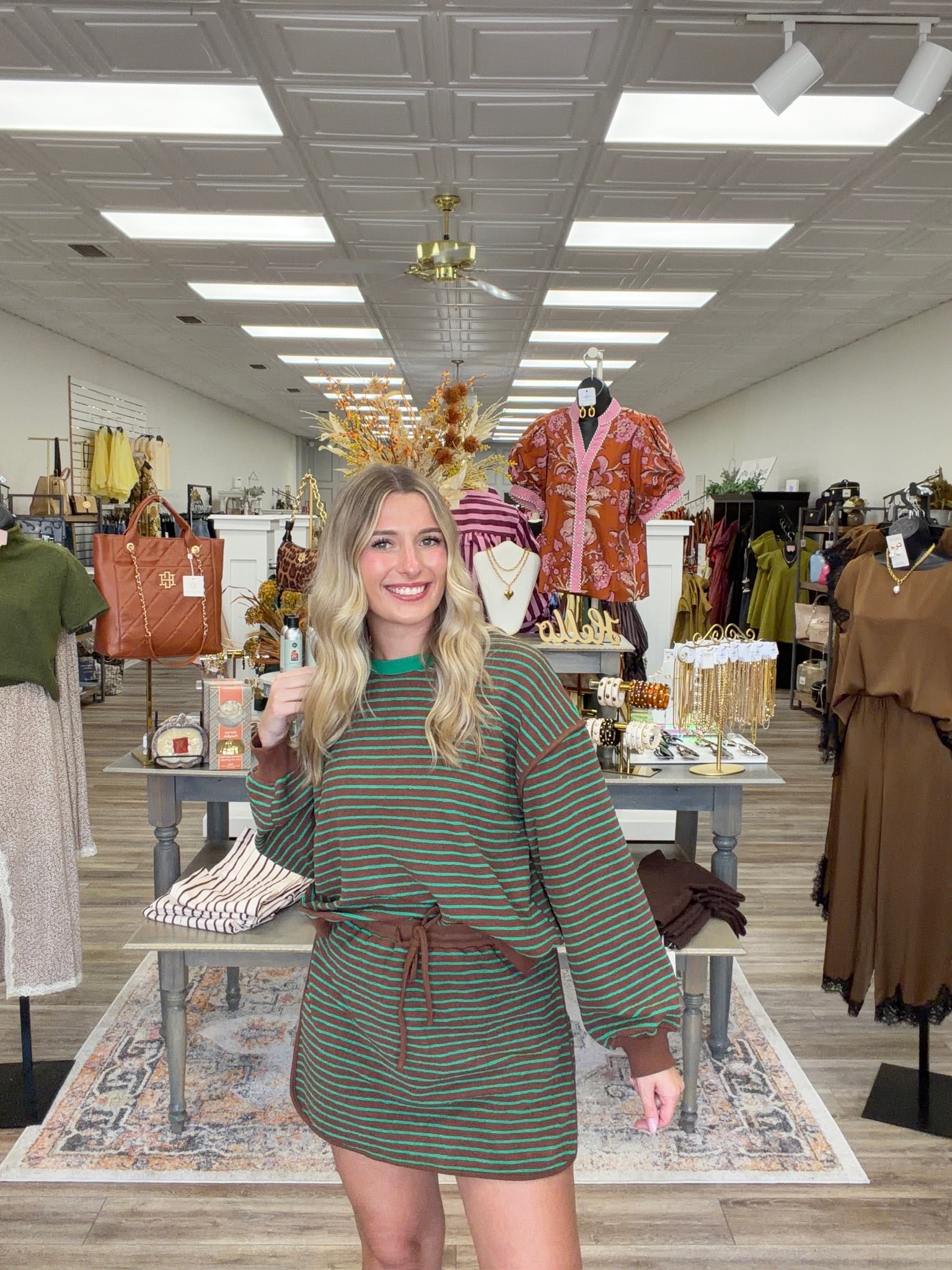 The Sutton Striped Set - striped browns long sleeve top with a squirt
