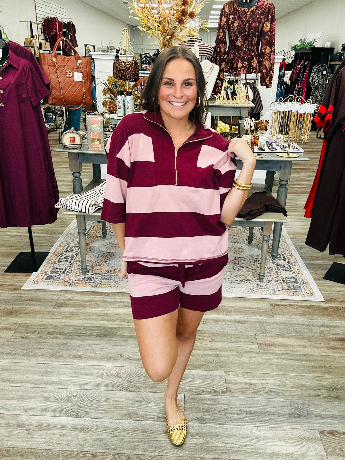 The Josie Set - Front Zip Neckline Pullover With Elastic Shorts