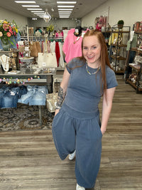 The Camille Set - Blue Mineral Wash with Wide Leg Pants & Cropped T-Shirt - Ee:some